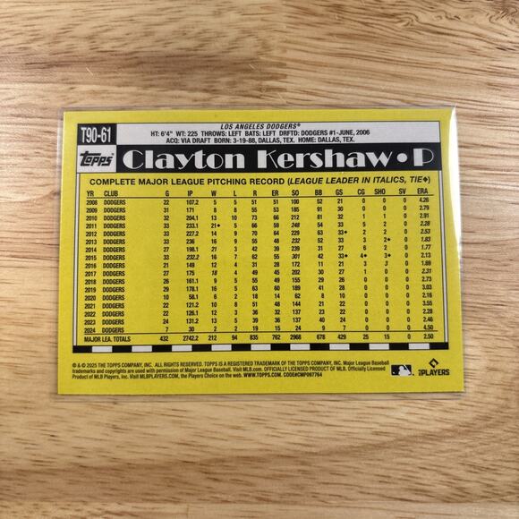 2025 Topps Series 1 - 1990 Topps Baseball Clayton Kershaw #T90-61 - Picture 2 of 2